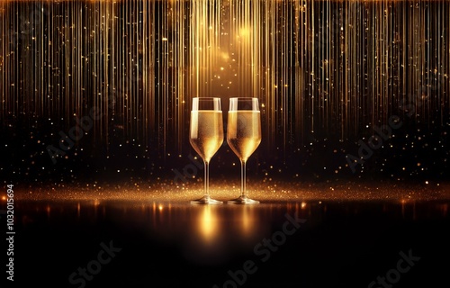 Two champagne flutes filled with golden liquid stand on a glittery surface, with a curtain of falling gold lights behind. photo