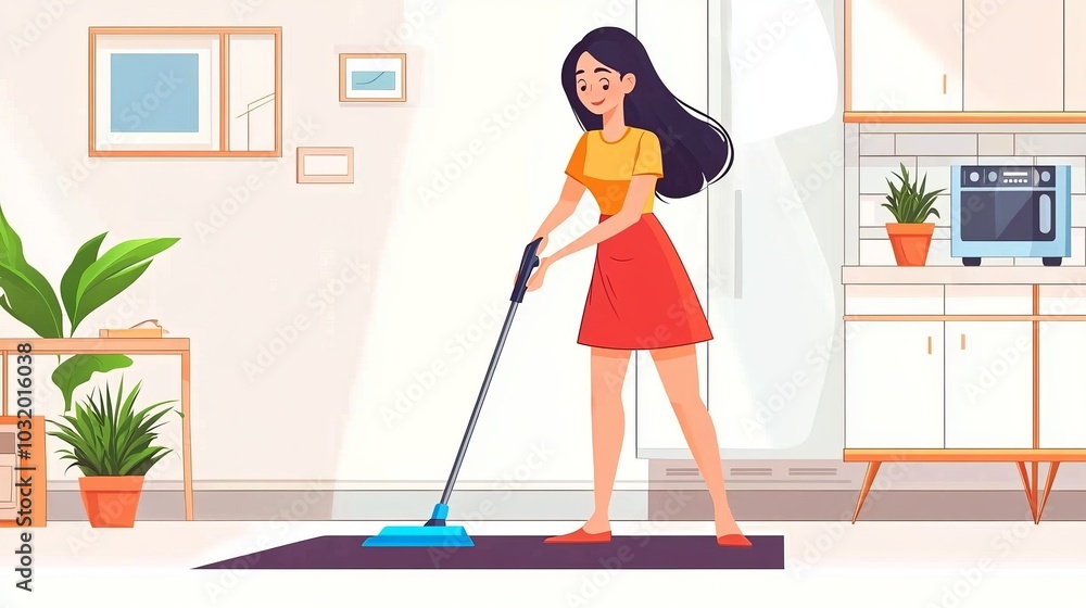 Woman Cleaning Kitchen Floor with Mop - Illustration Woman Cleaning Kitchen Floor with Mop - Illustration
