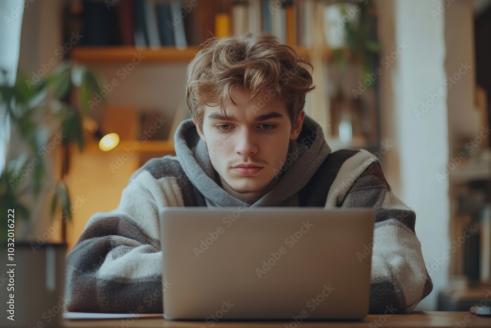 A bored guy, tired of studying, does homework with a PC, looks at the laptop screen, Generative AI A bored guy, tired of studying, does homework with a PC, looks at the laptop screen, Generative AI