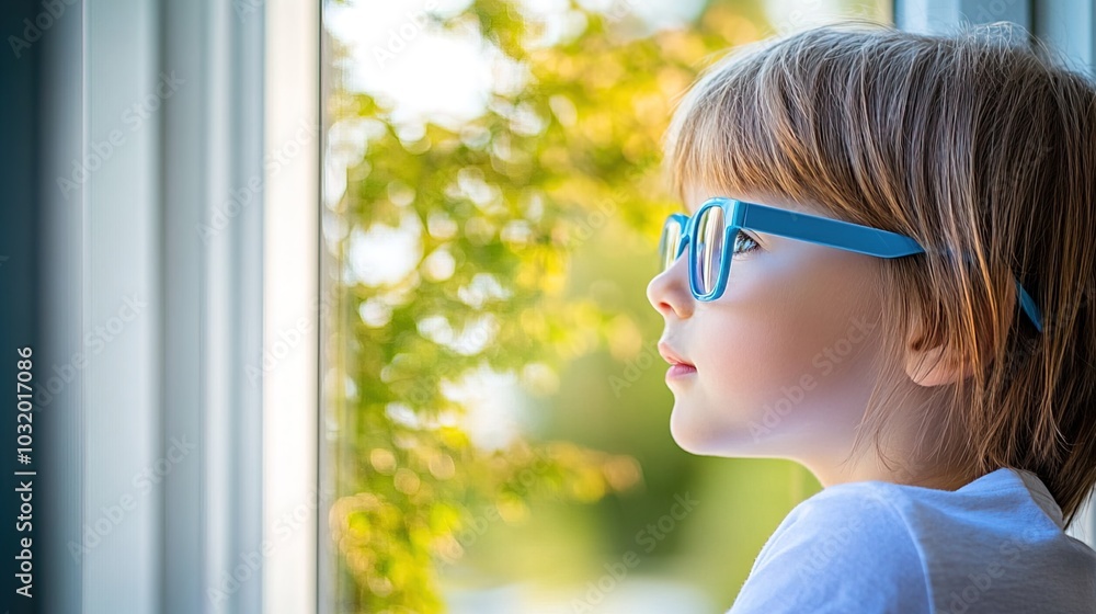 Young child wearing blue glasses focusing on distant tree outside window, symbolizing myopia prevention and importance of outdoor activities. Young child wearing blue glasses focusing on distant tree outside window, symbolizing myopia prevention and importance of outdoor activities.