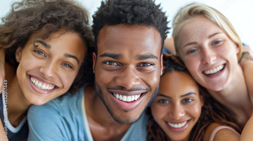 A group of diverse friends smiling brightly together in a cozy indoor setting during daytime A group of diverse friends smiling brightly together in a cozy indoor setting during daytime