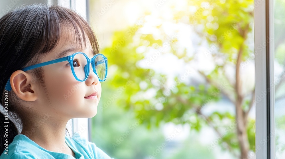 Young child wearing blue glasses focusing on distant tree outside window, symbolizing myopia prevention and importance of outdoor activities. Young child wearing blue glasses focusing on distant tree outside window, symbolizing myopia prevention and importance of outdoor activities.