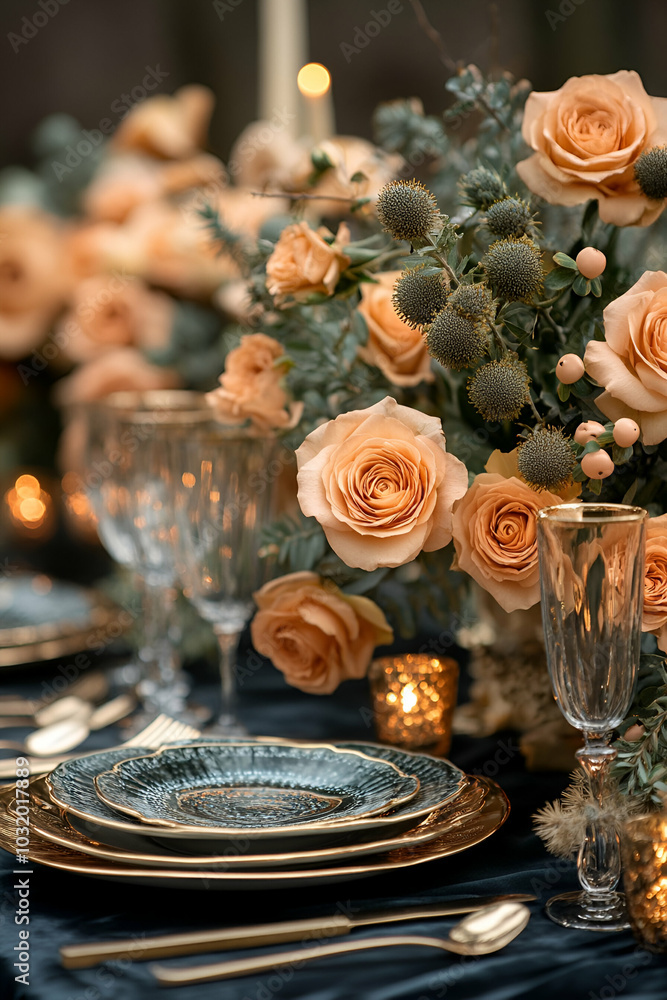 Elegant table setting adorned with peach roses, crystal glassware, and navy accents, perfect for gatherings and celebrations. Elegant table setting adorned with peach roses, crystal glassware, and navy accents, perfect for gatherings and celebrations.