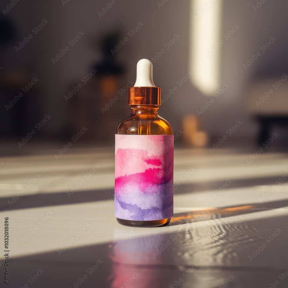 A bottle of Serum dropper with purple and pink flowers watercolor texture on the packaging, beauty product serum dropper photography background A bottle of Serum dropper with purple and pink flowers watercolor texture on the packaging, beauty product serum dropper photography background