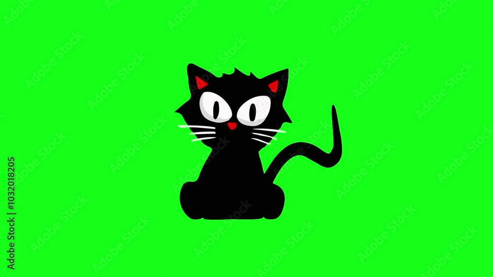 Black cat vector animation with tail twitched and eyes moving on green screen. Looping vector animation for Halloween, scary, spooky, horror editing Black cat vector animation with tail twitched and eyes moving on green screen. Looping vector animation for Halloween, scary, spooky, horror editing