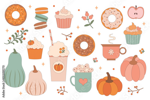 Pumpkin Spice Autumn Desserts and Drinks. A collection of pumpkin spice-themed desserts and drinks, including cupcakes, pie, donuts, and cozy mugs. Vector illustration