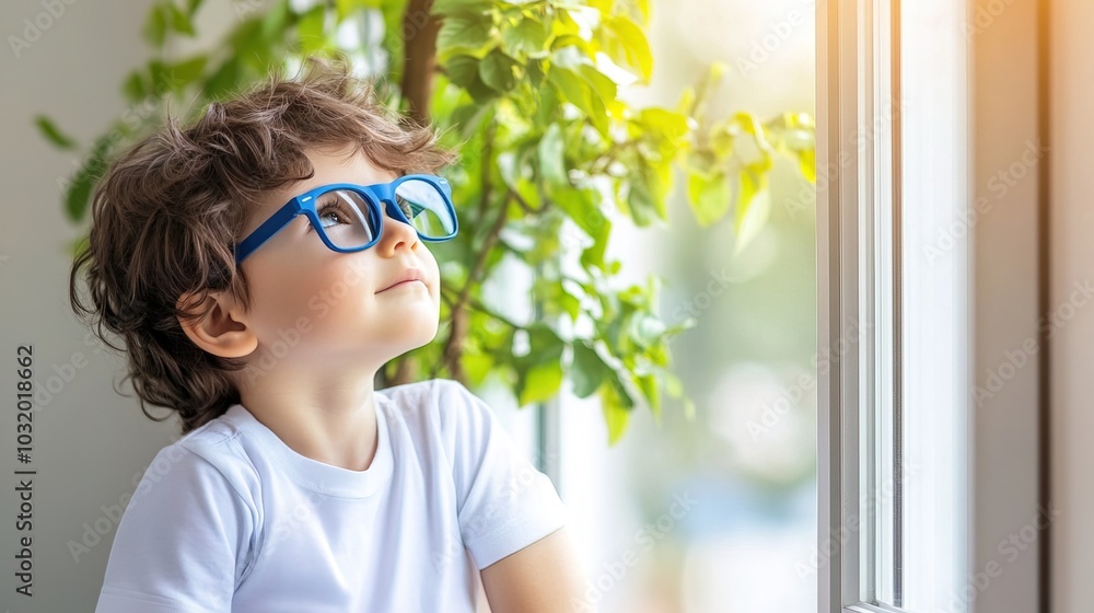 Young child wearing blue glasses focusing on distant tree outside window, symbolizing myopia prevention and importance of outdoor activities. Young child wearing blue glasses focusing on distant tree outside window, symbolizing myopia prevention and importance of outdoor activities.