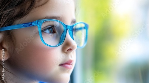 Young child wearing blue glasses focusing on distant tree outside window, symbolizing myopia prevention and importance of outdoor activities.