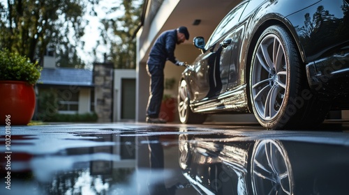 Residential Driveway with a Mobile Car Detailer Meticulously Cleaning a Luxury Vehicle