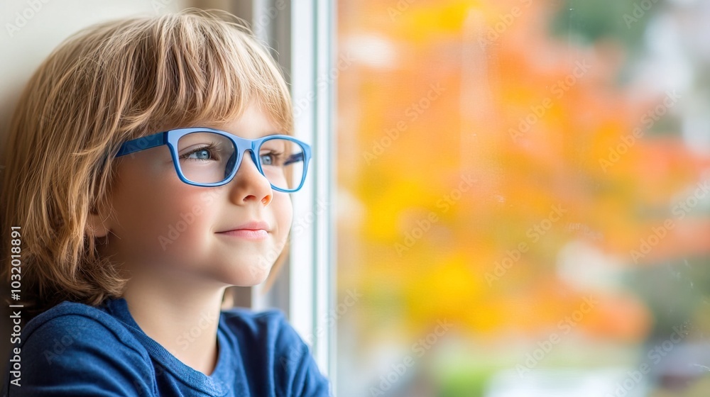 Young child wearing blue glasses focusing on distant tree outside window, symbolizing myopia prevention and importance of outdoor activities. Young child wearing blue glasses focusing on distant tree outside window, symbolizing myopia prevention and importance of outdoor activities.