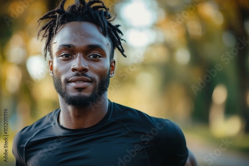 Black sports guy is training with a blurred background in the park, modern technology and an active lifestyle, Generative AI