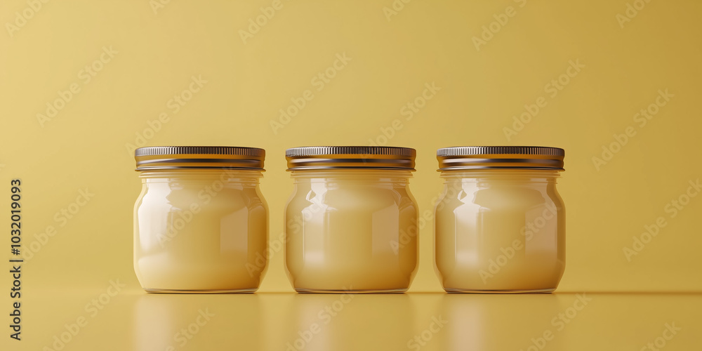 Mockup of Three 400ml White Mayonnaise Jars with Gold Lids in an Artisanal Bokeh Kitchen Background Mockup of Three 400ml White Mayonnaise Jars with Gold Lids in an Artisanal Bokeh Kitchen Background