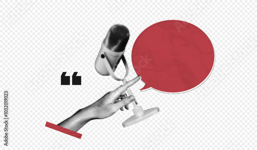 Trendy Halftone Collage Online Broadcasting concept. Audio recording of interview. Hand with microphone and speech bubble message. Talking in podcast. Streaming service. Contemporary vector art