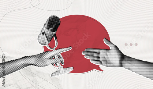 Trendy Halftone Collage Hand holding microphone for interview. Social reportage. Journalist and press. Daily news. Red speech bubble message. Metaphor artwork. Contemporary vector illustration art