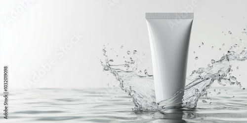 Product Photography of a White Washing Gel Tube in Mid-Air with Fresh Water Splashes Against a Crisp White Backdrop for Advertising photo