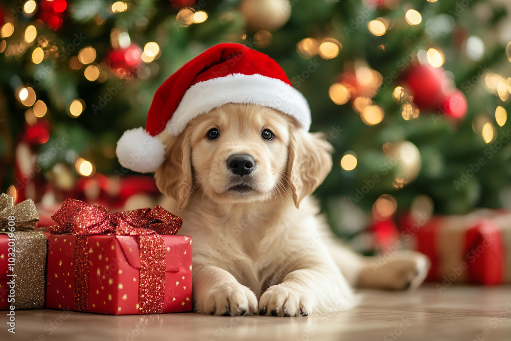 Generative AI image of a cute optimistic animal purebred dog happy merry christmas celebrations Generative AI image of a cute optimistic animal purebred dog happy merry christmas celebrations