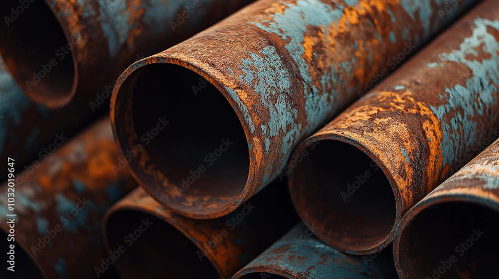 A stack of rusty steel pipes closeup. AI generation A stack of rusty steel pipes closeup. AI generation