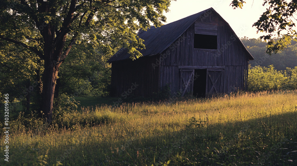 A dilapidated barn with creaking wood and strange shadows at dusk. A dilapidated barn with creaking wood and strange shadows at dusk.