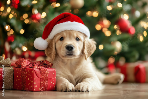 Generative AI image of a cute optimistic animal purebred dog happy merry christmas celebrations