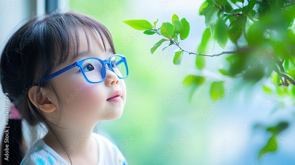 Young child wearing blue glasses focusing on distant tree outside window, symbolizing myopia prevention and importance of outdoor activities. Young child wearing blue glasses focusing on distant tree outside window, symbolizing myopia prevention and importance of outdoor activities.
