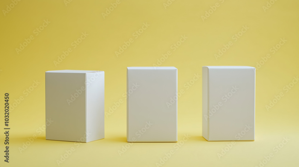 Elegant Mockup Featuring Three Identical White Cardboard Boxes for Cream Products on a Gentle Yellow Backdrop Perfect for Marketing Elegant Mockup Featuring Three Identical White Cardboard Boxes for Cream Products on a Gentle Yellow Backdrop Perfect for Marketing
