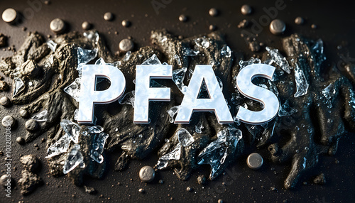 PFAS text concept - Dangerous Perfluoroalkyl and Polyfluoroalkyl substances used in products and materials due to their enhanced water-resistant properties isolated with white highlights, png photo