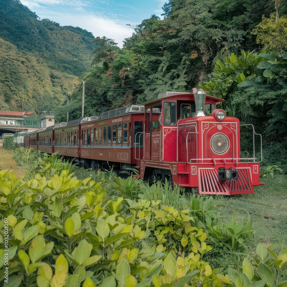 Naklejka premium red train engine on mountain green hills in rainy weather isolated nature cloudy red train engine background train wallpaper in hills with nature touch 