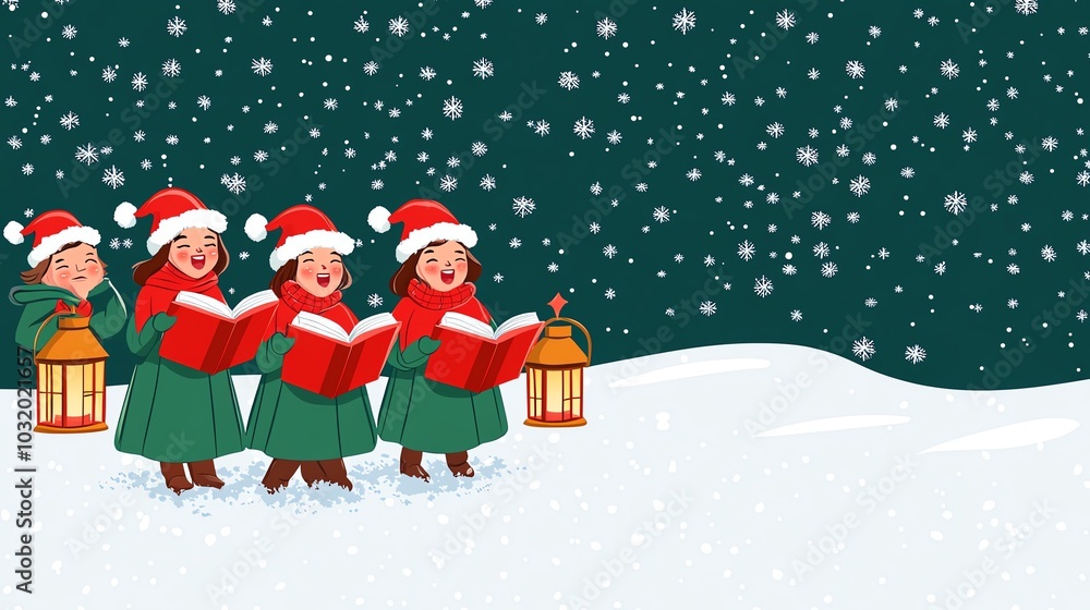 Illustration of festive Christmas carolers singing outdoors in snowy night, holding lanterns. Holiday spirit and traditions captured beautifully. Illustration of festive Christmas carolers singing outdoors in snowy night, holding lanterns. Holiday spirit and traditions captured beautifully.
