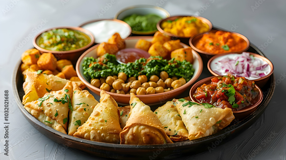 A plate of samosa chaat with crispy samosas, chickpeas, yogurt, and chutneys A plate of samosa chaat with crispy samosas, chickpeas, yogurt, and chutneys