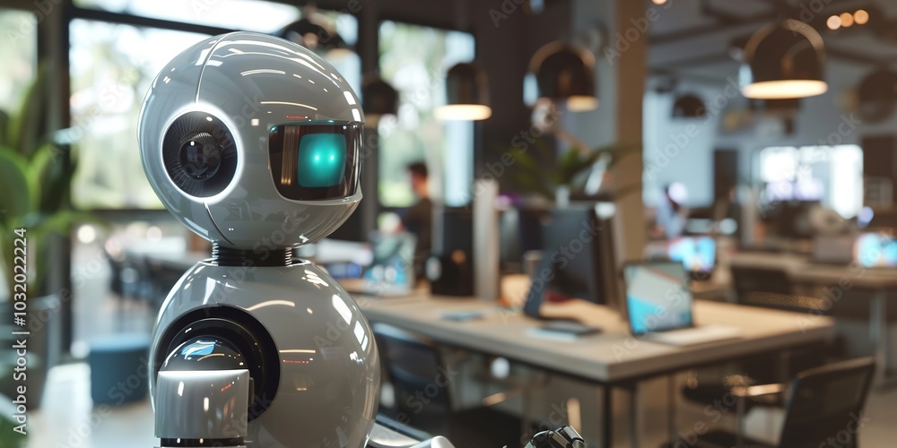 Friendly robot with large eyes in modern office setting Friendly robot with large eyes in modern office setting