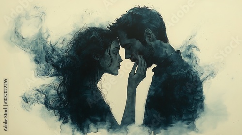 Mental healththemed illustration showing a man with his hand on her forehead her silhouette merging into soft watercolor strokes symbolizing emotional exhaustion and inner conflict photo