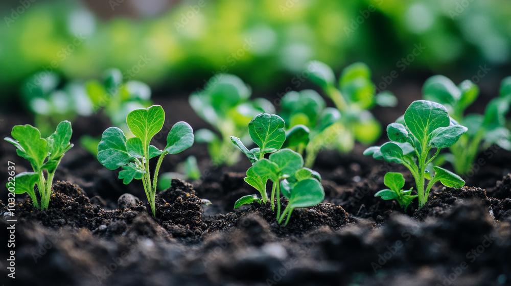 A close-up view of vibrant green seedlings emerging from the soil in a spring garden, symbolizing growth and renewal A close-up view of vibrant green seedlings emerging from the soil in a spring garden, symbolizing growth and renewal
