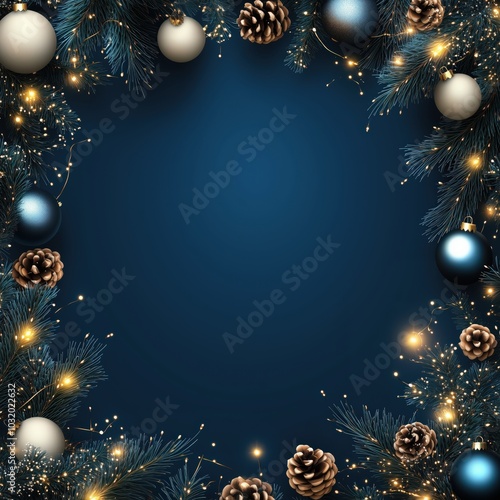 Square Christmas or New Year frame top view, decorative stars, balls and tree branches over blue navy background. Copyspace, place for text