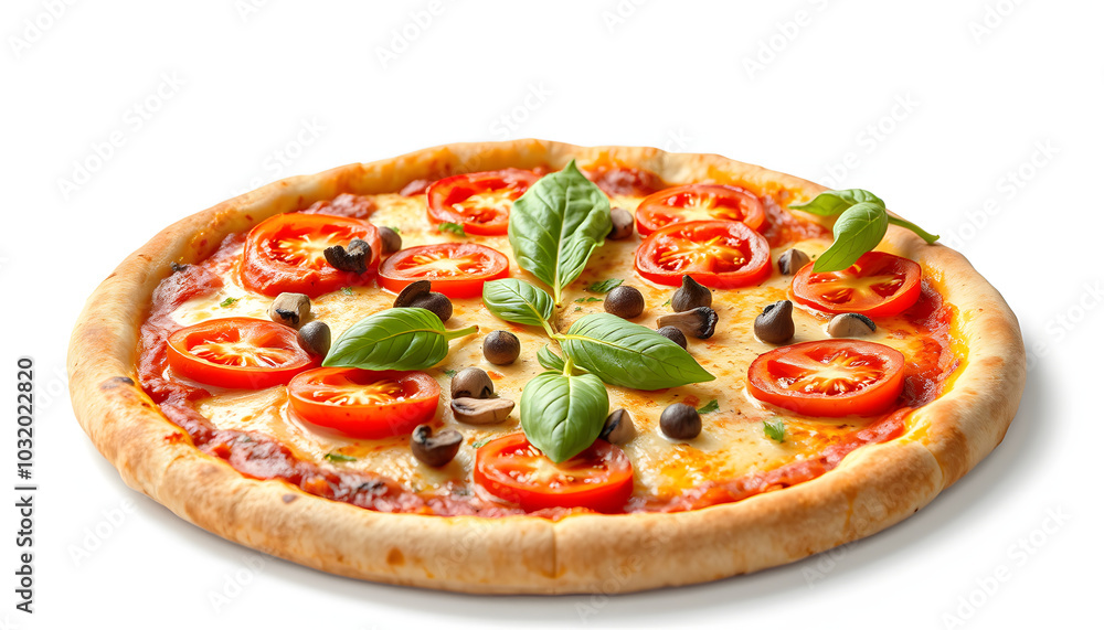 Delicious pizza with tomatoes, mushrooms and basil isolated on white isolated with white highlights, png Delicious pizza with tomatoes, mushrooms and basil isolated on white isolated with white highlights, png