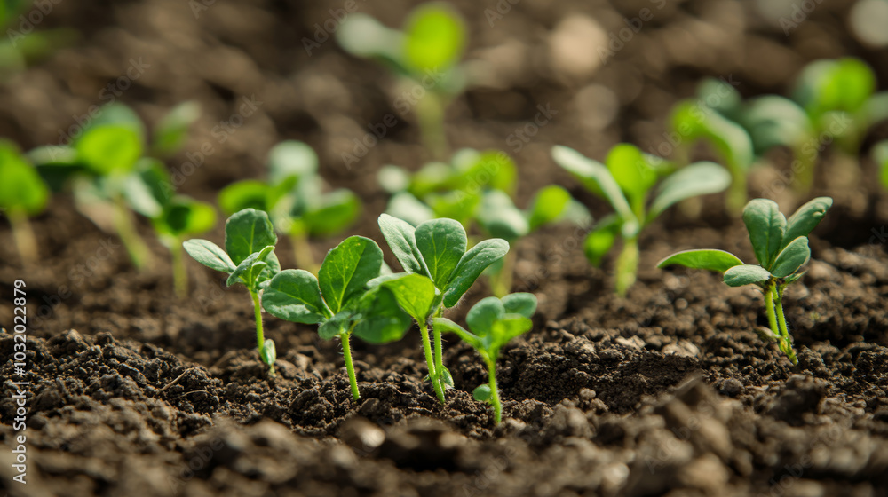 A close-up view of vibrant green seedlings emerging from the soil in a spring garden, symbolizing growth and renewal A close-up view of vibrant green seedlings emerging from the soil in a spring garden, symbolizing growth and renewal