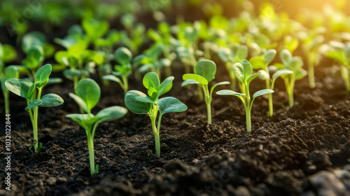 A close-up view of vibrant green seedlings emerging from the soil in a spring garden, symbolizing growth and renewal