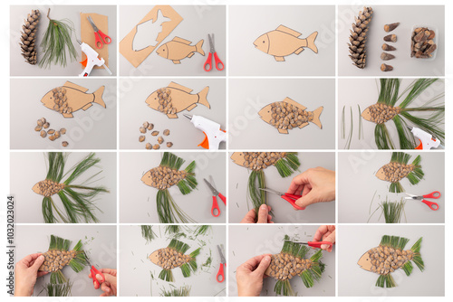  Step by step fish craft, natural materials, pine cones, cardboard, scissors, pine needles. Fish shape, glue, pine cone scales, fins, tail. Eco friendly, creative project, nature craft