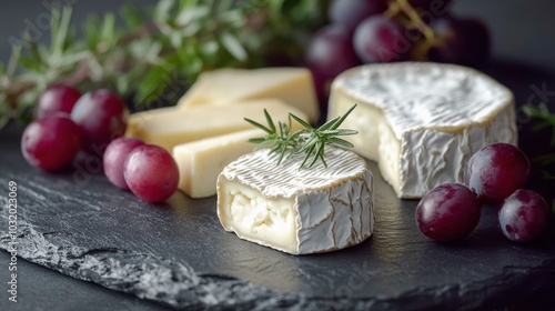 Assorted cheeses and grapes on slate board with fresh herbs