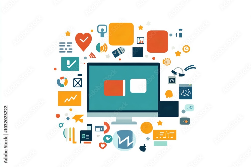 Digital marketing concept with computer and social media icons. Illustration of online interaction, communication, and media sharing. Digital marketing concept with computer and social media icons. Illustration of online interaction, communication, and media sharing.