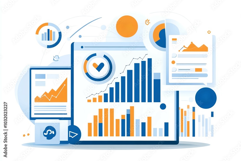 An illustrative concept of data analytics with colorful charts and graphs depicting business growth and performance metrics. An illustrative concept of data analytics with colorful charts and graphs depicting business growth and performance metrics.