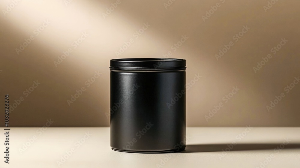 Black cylindrical metal container with lid on a neutral background, studio lighting Black cylindrical metal container with lid on a neutral background, studio lighting