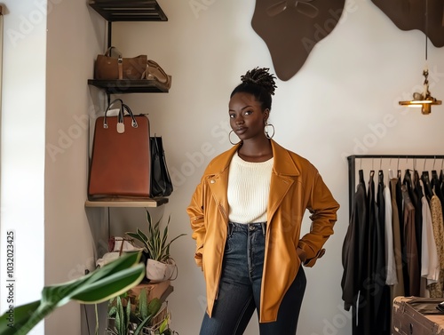 Stylish African American Woman in a Leather Jacket Owning Her Business
