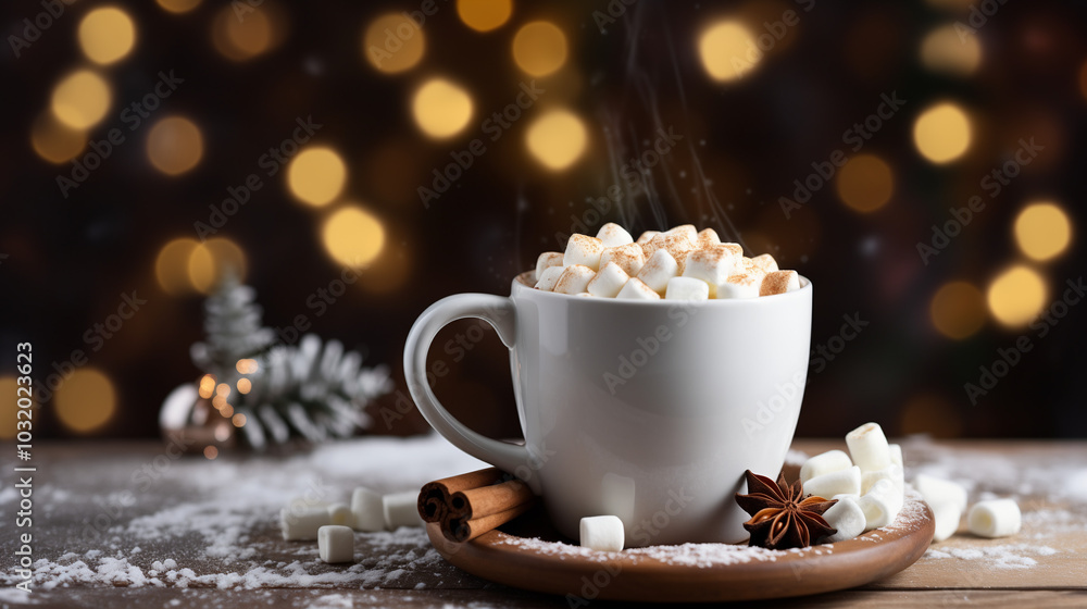 hot cocoa with marshmallows in a beautiful Christmas mug with snowflakes, white aromatic steam from a cup of cocoa hot cocoa with marshmallows in a beautiful Christmas mug with snowflakes, white aromatic steam from a cup of cocoa