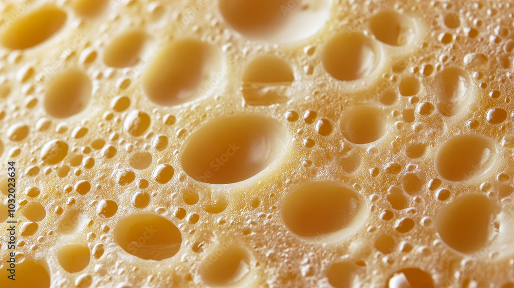 The texture of Radomer or Maasdam cheese features a creamy yellow surface with characteristic large holes, also known as The texture of Radomer or Maasdam cheese features a creamy yellow surface with characteristic large holes, also known as