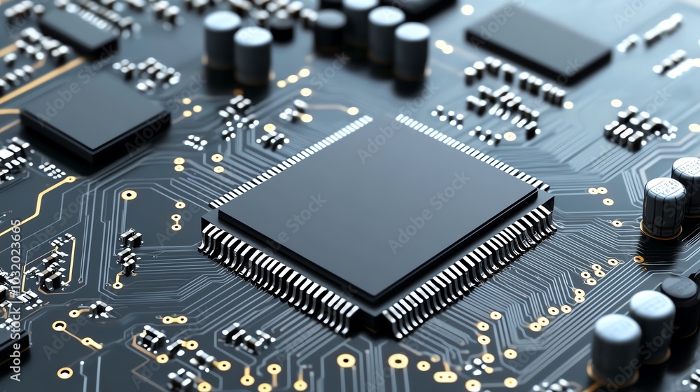 Close-up of a microchip on a circuit board, showcasing intricate electronic components and connections. Perfect for tech and innovation themes. Close-up of a microchip on a circuit board, showcasing intricate electronic components and connections. Perfect for tech and innovation themes.