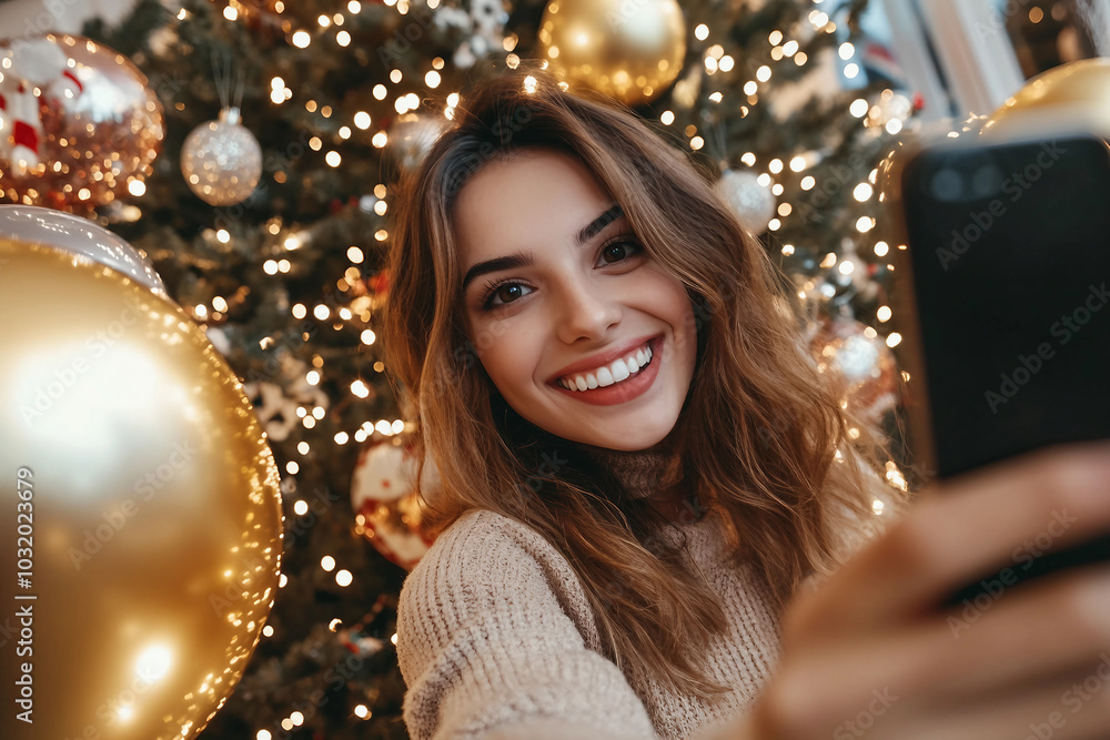 Generative AI image of person celebrating New Year's Christmas by beautifully decorated tree holiday magic advent Generative AI image of person celebrating New Year's Christmas by beautifully decorated tree holiday magic advent