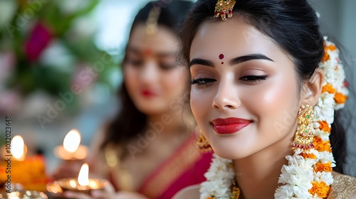 A close knit family gathered together in their home engaging in the time honored tradition of offering prayers and lighting candles during the Diwali festival