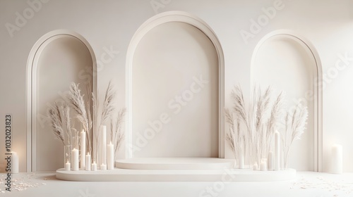 Minimalist White Archway with Pampas Grass Candles Empty Product Display
