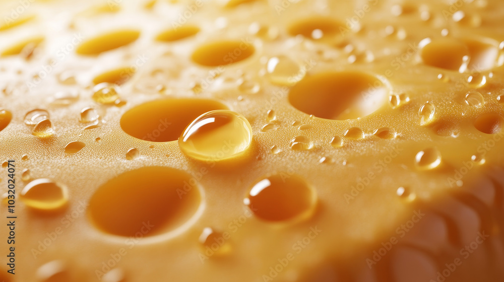 The texture of Radomer or Maasdam cheese features a creamy yellow surface with characteristic large holes, also known as The texture of Radomer or Maasdam cheese features a creamy yellow surface with characteristic large holes, also known as