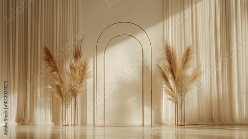 Minimalist Wedding Arch with Dried Flowers and Sheer Curtains